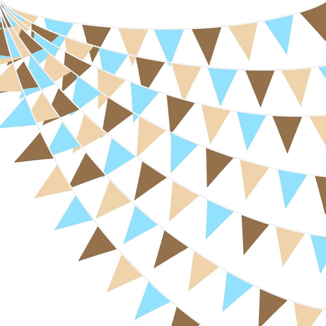 32Ft Brown Blue Party Decorations Brown Blue Pennant Banner Fabric Triangle Flag Bunting Garland Streamers for Teddy Bear Safari Wild Baby Shower Gender Reveal Birthday Theme Party Decor