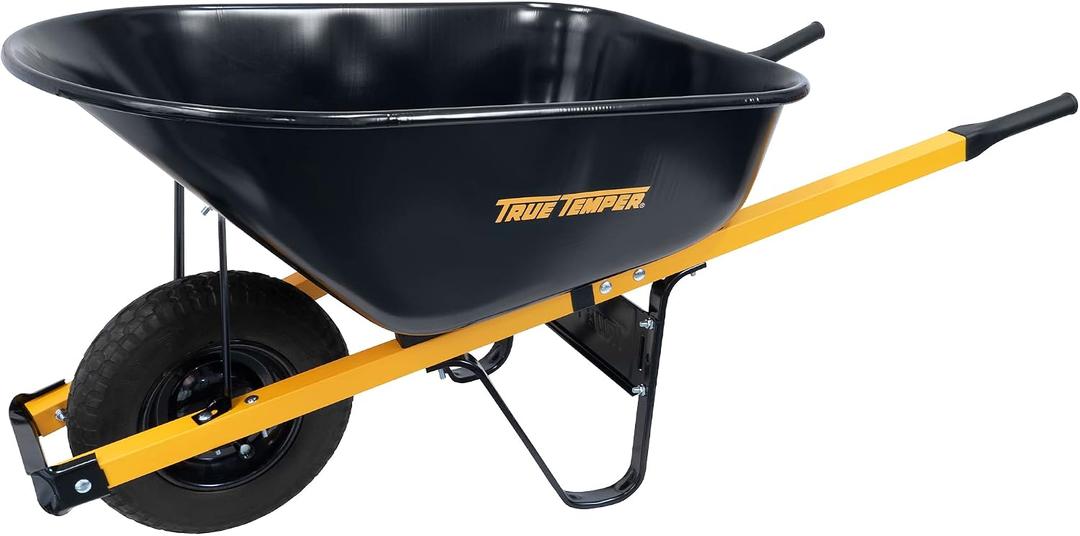 True Temper R6STFFEC 6 Cu. Ft Steel Tray Wheelbarrow with Never Flat Tire & Steel Handles, Black
