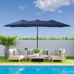 Large Patio Umbrella with Base Included,15ft Double Sided Outdoor Rectangular Patio Umbrella with Crank Handle, for Lawn Garden, Blue