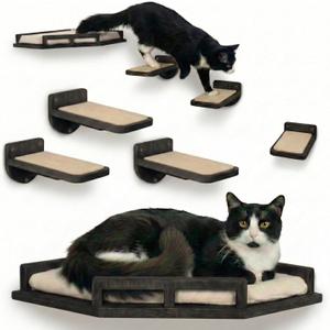 INICIO Cat Wall Shelves - Safe and Sturdy Cat Wall Furniture - Stylish Natural Wood Corner Shelf with 3 Steps for Cats up to 15lbs - Cushioned Perch and Stairs for Climbing and Playing - Black