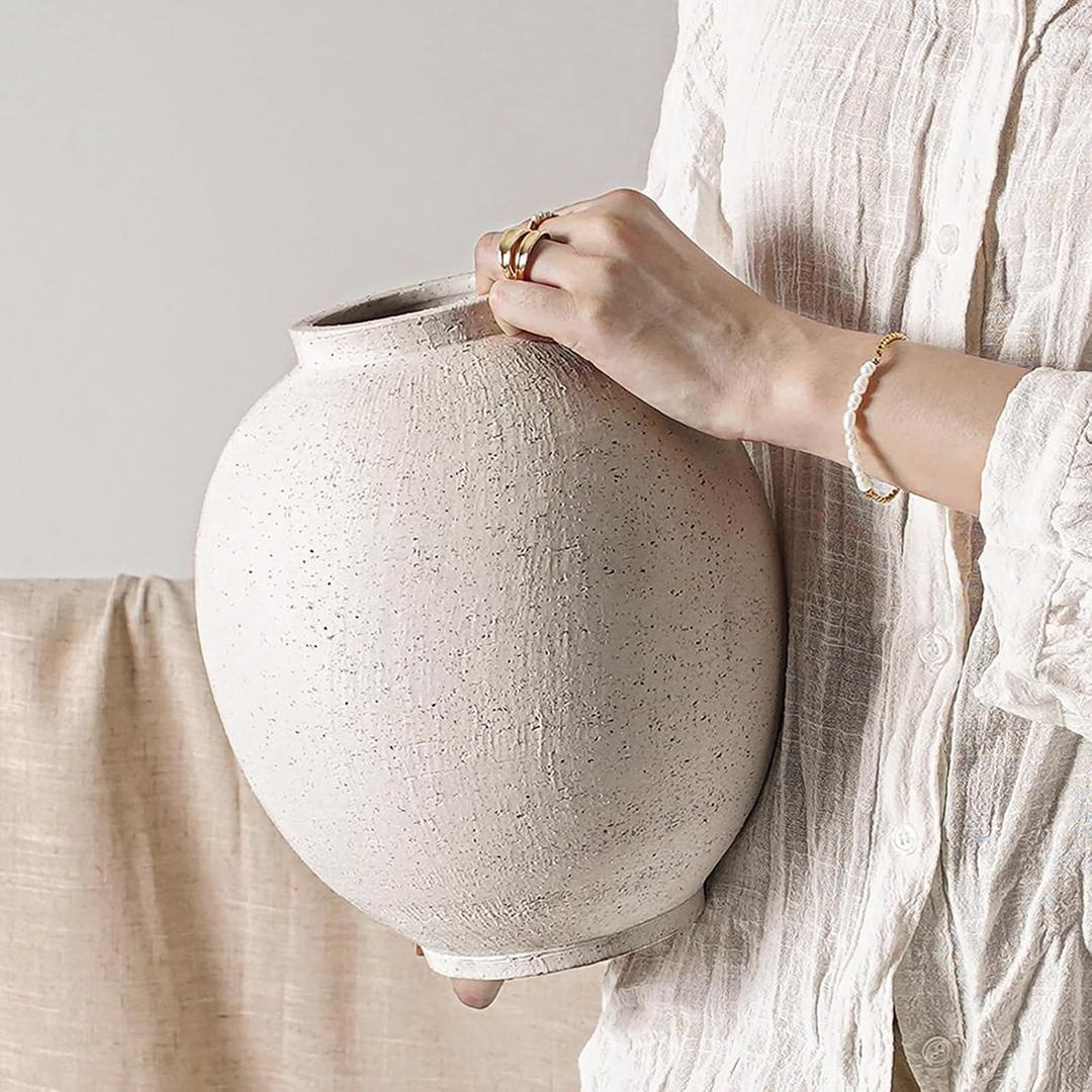 Large White Ceramic Vase - 9.8 Inch Rustic Farmhouse Flower Vase for Home Decor, Minimalist Tall Vases for Living Room, Table, Bathroom, Holiday & Weddings (Sandstone White)