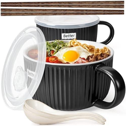Artena 38 oz Soup Bowls with Handles, Lids, Spoons & Chopsticks – 6 Inch Large Microwave Safe Ceramic Ramen Bowls, Soup Mugs & Cereal Bowls for Instant Noodles, Oatmeal, Meal Prep (Black-Set of 2)