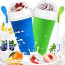 Slushie Cup, 2 Pack Slushy Maker Cup, Frozen Magic Squeeze Cups for Juice Milk Yogurt Ice Cream Make, DIY Smoothie Cooling Cup with Lid & Straw for Kids Friends Family (Yellow+Green)