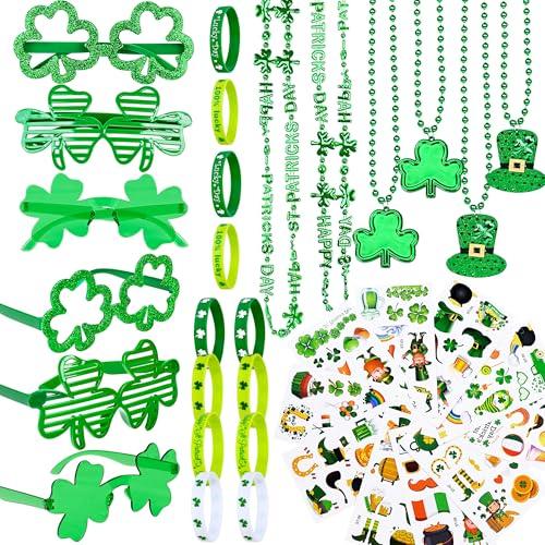 124Pcs St. Patrick's Day Accessories Party Favor Set, St Patricks Day Shamrock Glasses, Green Bead Necklaces, Rubber Bracelets & Temporary Tattoos, Irish Festival Party Supplies