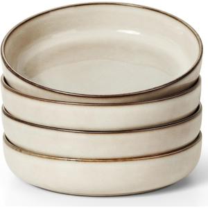 Herogo Pasta Plates and Bowls Sets of 4, Stoneware Large Wide Shallow 37oz Salad Soup Cereal Serving Bowls for Kitchen Dinner, Microwave & Dishwasher Safe, Cream Khaki