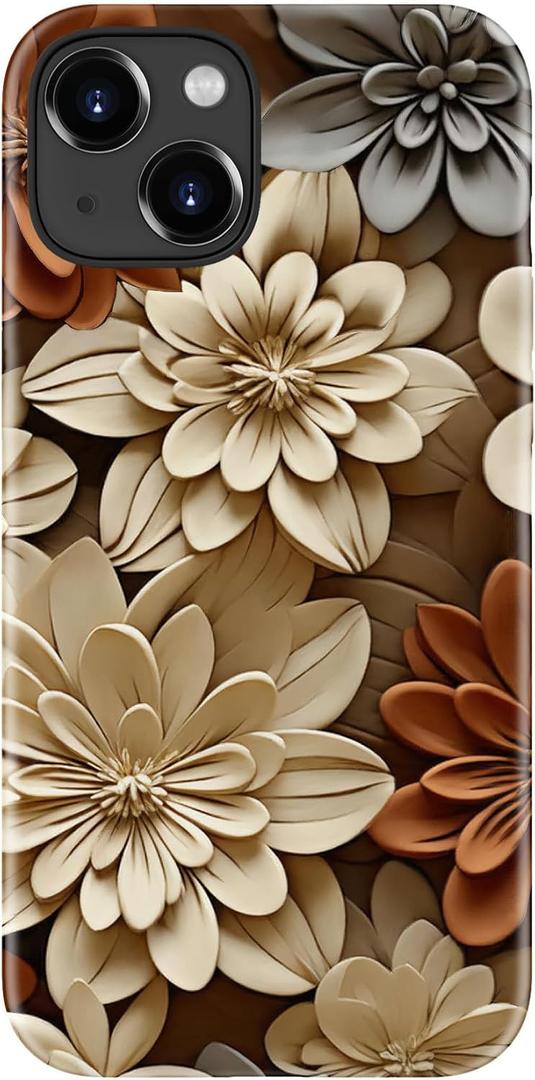 for iPhone 15 Case - Wireless Charging Compatible - Dual-Layer Hard Shell + Silicone Cover - Shockproof Protective Phone Case with Stylish Designs for Women - Red Beige Flower