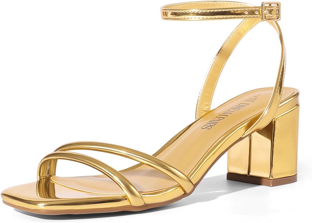 DREAM PAIRS Women's Chunky Strappy Heels Square Open Toe Ankle Buckle Low Heels Sandals for Daily Wedding Party Dress (11, Gold)