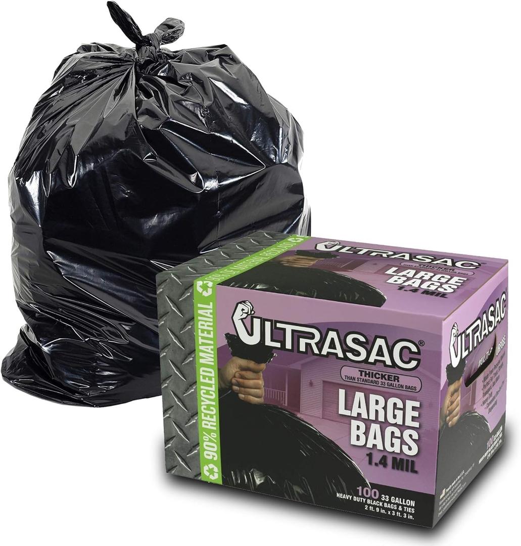 Ultrasac 33 Gallon Trash Bags - (Huge 100 Pack/w Ties) - 39" x 33" Heavy Duty Large Professional Quality Black Garbage Bags - Extra Strong Plastic Trashbags for Home, Kitchen, Lawn, and Other Ultrasac 33 Gallon Trash Bags - (Huge 100 Pack/w Ties) - 39" x 33" Heavy Duty Large Professional Quality Black Garbage Bags - Extra Strong Plastic Trashbags for Home, Kitchen, Lawn, and Other