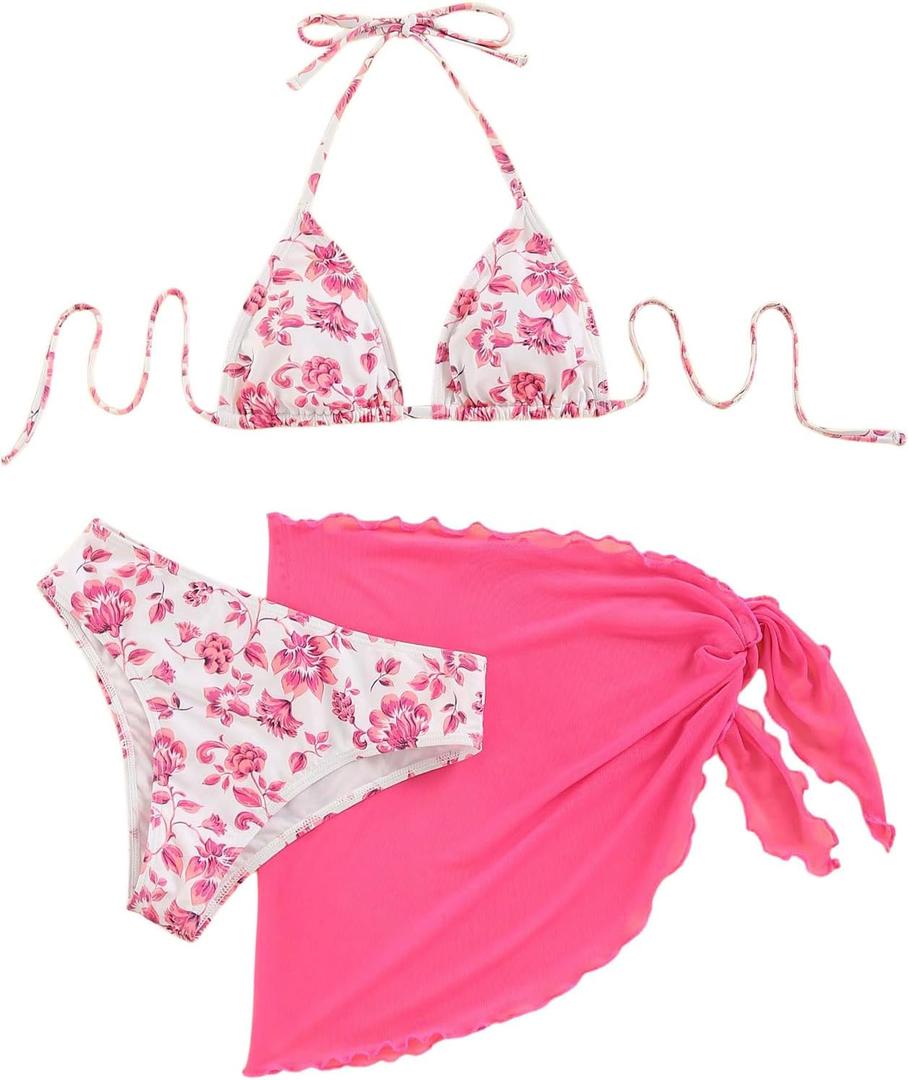SHENHE Women's 3 Piece Floral Bikini Set with Wrap Coverup Halter Triangle Swimsuits (X-Large, Pink)