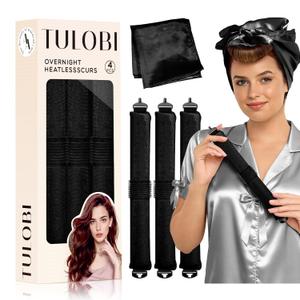 TULOBI 3 Pcs Heatless Curls Overnight - Upgraded Velvet Heatless Hair Curler with Velcro Fastener, Overnight Jumbo Blowout Rods, Hair Curlers to Sleep in for All Hair Types (Black)