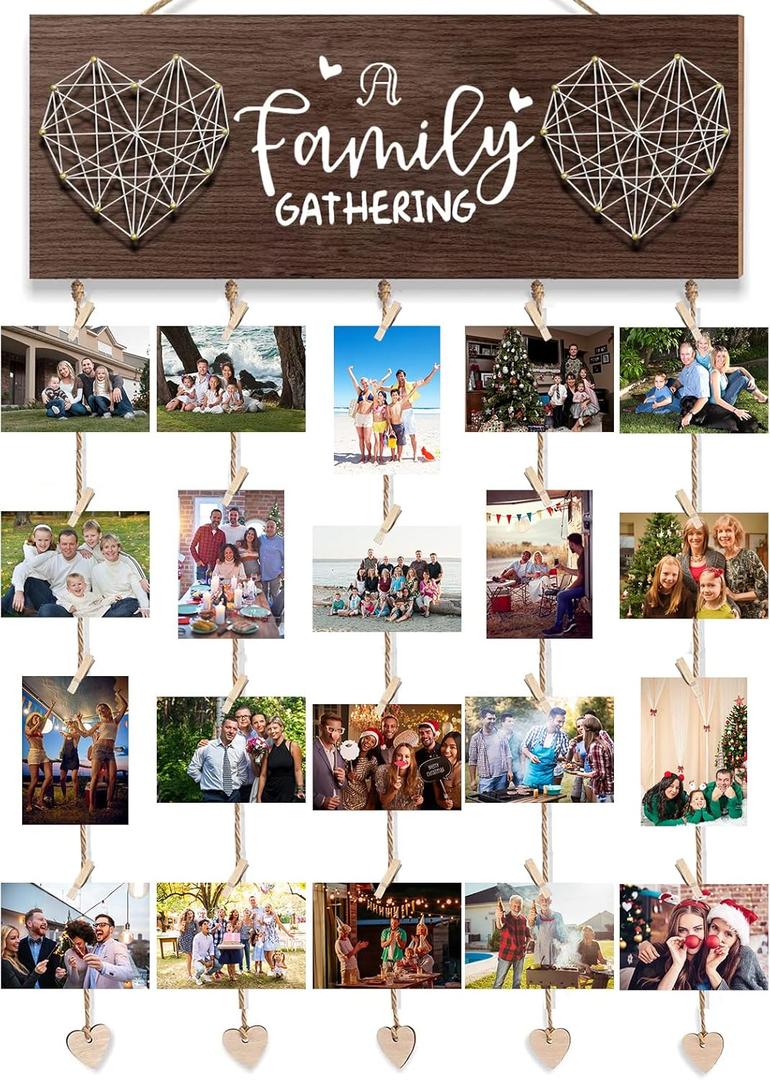 Picture Frames Collage Wall Decor, Rustic Wooden Hanging Photo Display with Clips - Holds 20 4x6 Pictures - Photo Holder for Home Decor, Gift Ideas, Family Memories, Christmas Card Holder