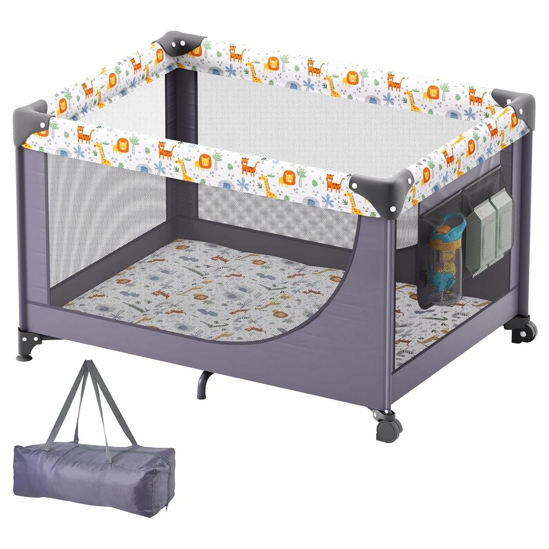 VEVOR Baby Travel Crib and Play Yard, Folding Baby Playpen with Soft Mattress Pad, Portable Toddlers Crib with Breathable Mesh and Travel Bag, Indoor/Outdoor Kid Activity Center for 0-36 Months Babies