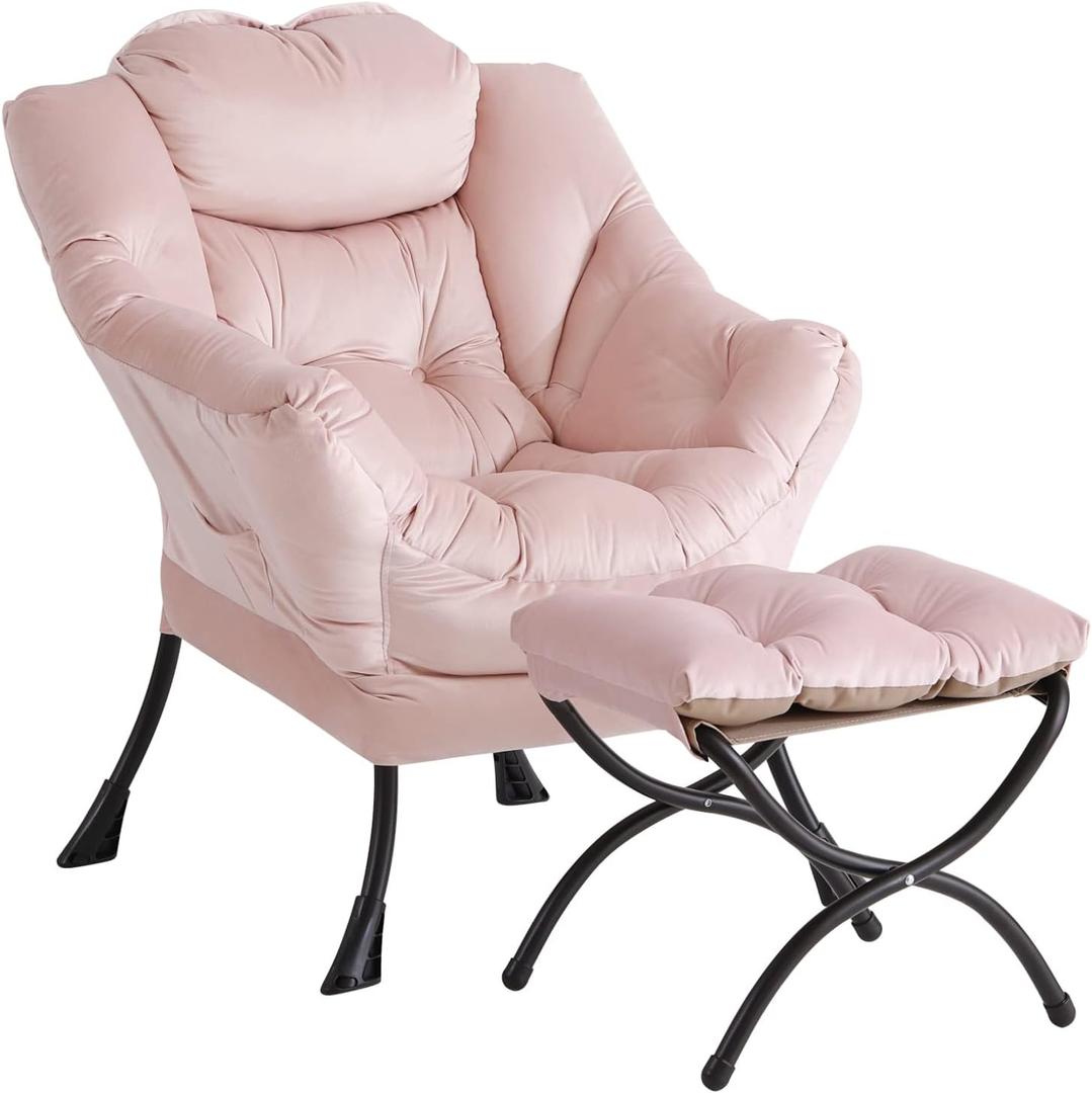 LITA Lazy Chair with Ottoman, Modern Accent Leisure Upholstered Sofa Chair, Contemporary Lounge Reading Chairs with Armrests and a Side Pocket for Living Room, Bedroom & Small Space, Pink