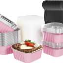25 Pack Square Mini Cake Pans with Lids,Mini Loaf Pans with Lids,Aluminum Foil Baking Cups,Disposable Ramekins Cupcake Cups,Dessert Cups for Wedding Birthday Party Picnics,5oz (Pink)