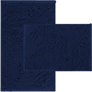 Non Slip Washable 2 Piece Extra Absorbent Shaggy Chenille Bathroom Rugs and Mats Sets, Soft & Dry Bath Rug/Mat Sets for Bathroom Washable Carpets Set Navy Blue Blue
