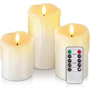 Homemory Dripping Wax Flameless LED Pillar Candles, Battery Operated with Remote Control and Timer, Set of 3, 5" H x 4" W x 6" D