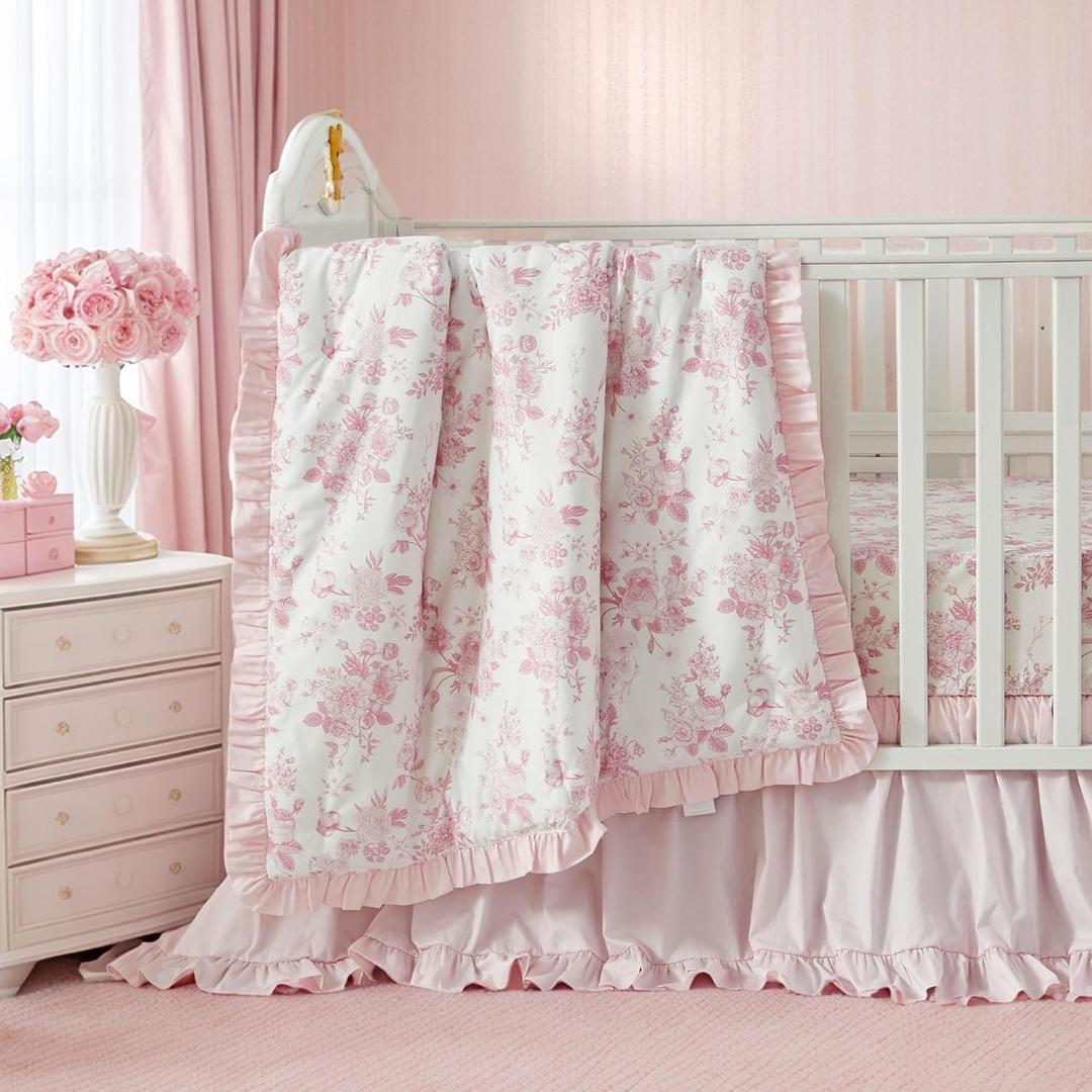 Brandream French Country Toile Crib Bedding Set for Girls Pink Grandmillennial Toile Vintage Floral Print 100% Cotton Baby Girl Nursery Bedding - Ruffles Quilt,Toile Crib Sheet,Crib Bed Skirt,3 Pieces