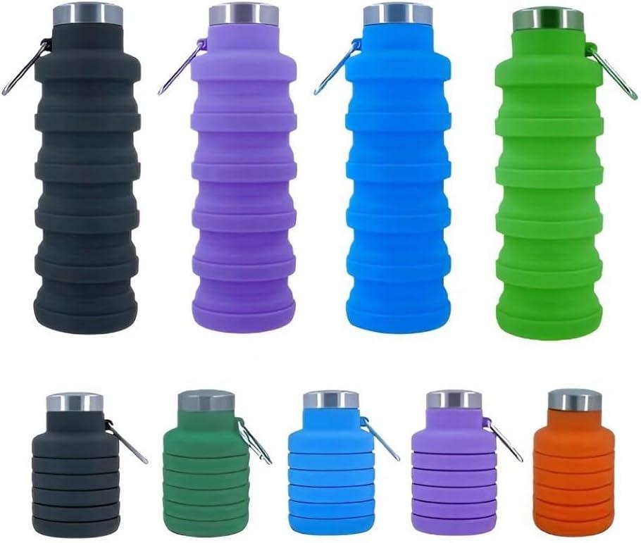 Collapsible Water Bottles17oz Large capacity Silicone Water Bottle with CarabinerReusable Foldable Lightweight Sports Water Bottle for Travel Gym Camping Hiking (Black+Purple+Blue+Green)