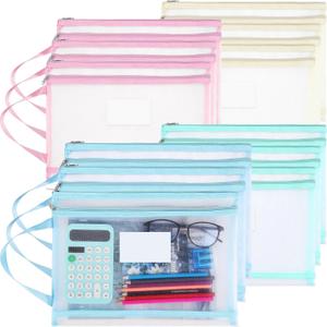 12 Pack Double Layer Mesh Zipper Pouch Bags 14.8 x 10.8 Inch Large Capacity Mesh Toy Storage Bags Colored Organizer Pouch with Handle for School Office and Home