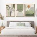 3pcs Gray Green Boho Wall Art Minimalist Wall Decor Canvas Pictures Abstract Geometric Line Paintings Sun Plant Sage Posters Prints for Room Decoration Unframed