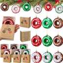 24 Sets Christmas Donut Ornament with Cards Inspirational Red Green Brown Donut Decorations for Christmas Tree Thank You Hanging Ornament for Employee Coworkers Xmas Holiday Party Gifts