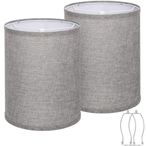 Tall Drum Lamp Shades Set of 2, Gray Lampshade for Table Lamp Floor Lamp, 10"Top x10" Bottom x 13"High, Replacement Lampshades Natural Linen Handcrafted, Spider, Harp Holders Included, Easy Assembly