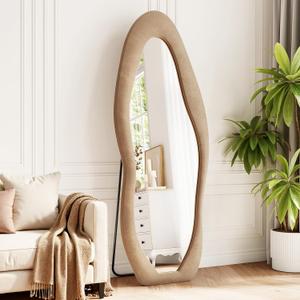 Irregular Full Length Mirror, 63"x24" Flannel Full Body Mirrors, Velvet Floor Mirrors with Stand, Irregular Wavy Mirror Hanging or Leaning Against Wall for Bedroom Living Room, Brown