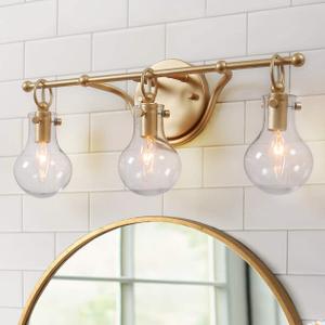 Bathroom Light Fixtures Brushed Gold Vanity Light Over Mirror with Clear Glass 3-Lights, L 20" x H 8.5" x W 6"