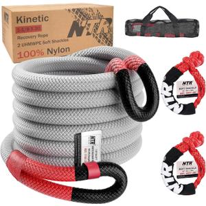 NTR 1-1/8" x 30' Kinetic Recovery Tow Rope (37,480lbs), with 2 UHMWPE Soft Shackles (40,980lbs), Heavy-Duty Offroad Snatch Strap, Vehicle Recovery kit for Jeep car Truck ATV UTV SUV, Grey