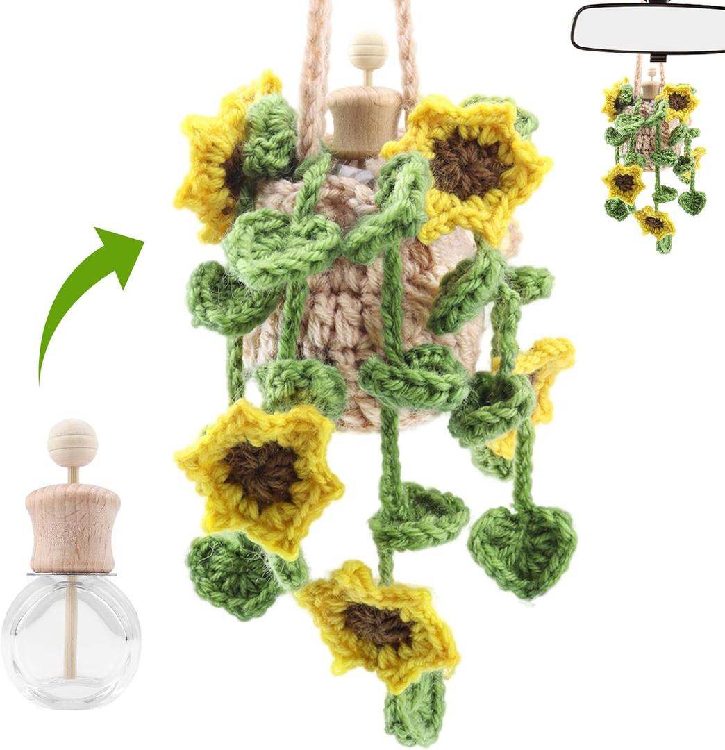 Crochet Car Air Freshener, Cute Crochet Plant for Rear View Mirror, Handmade Car Mirror Hanging Accessories, Plant Botanical Fern Leaf Design with 10ml Refillable Glass Essential Oil Bottle for Home (Sunflower)