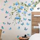 Flower Wall Decals Tree Branch Wall Stickers Peel and Stick Removable DIY Floral Butterflies Wall Decals Tree Leaves Plant Wall Art Stickers Murals for Home Wall Decor (Blue)