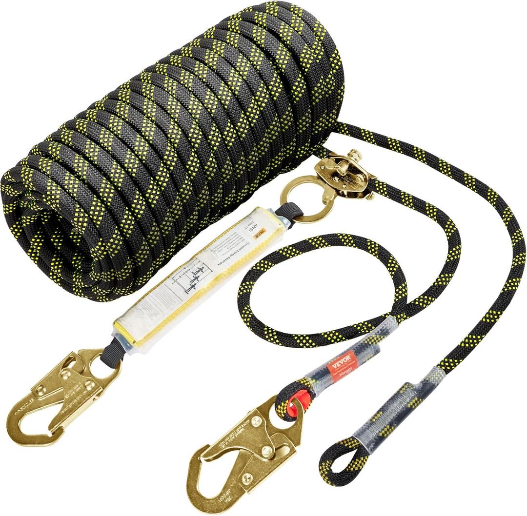 VEVOR Vertical Lifeline Assembly, 0.55'' x 50' Fall Protection Rope with 30 KN Breaking Tension, Polyester Roofing Rope with Steel Snap Hooks, Rope Grab, and Shock Absorber, ANSI Compliant