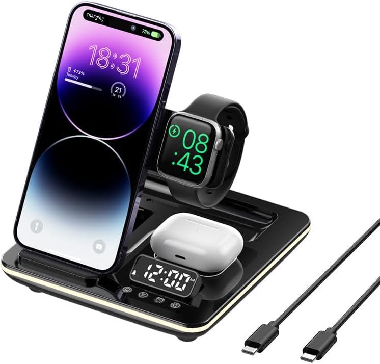 5 in-1 Wireless Charger Phone Charging Station Automatic Lifting Charging Stand Dock Fast Travel Charger for Multiple Devices Adapt with Phone, iWatch Series, AirPods 3/2 Black