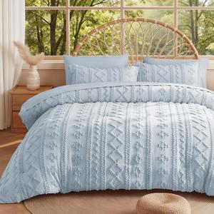 MR&HM Boho Comforter Set Full, Dusty Blue 7 Pieces Bedding Set, Farmhouse Shabby Chic Bed in a Bag with 1 Comforter, 2 Pillow Shams, 2 Pillowcases, 1 Flat Sheet, 1 Fitted Sheet for All Seasons