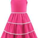 Arshiner Girls Summer Sleeveless Bow-Tie Straps Sundress Flowy Smocked Backless Tiered Lace Swing Midi Dress with Pockets Pink 12
