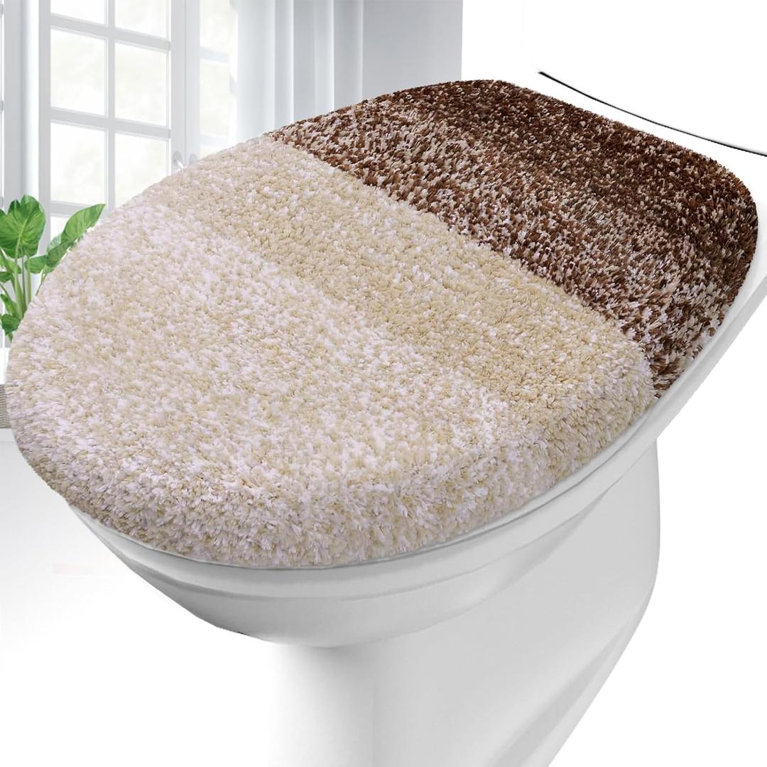 OLANLY Soft Microfiber Bathroom Toilet Lid Cover, Machine Washable Seat Covers, 17.5x15, Stays in Place Rubber Backing, Fits Most Round, Elongated and Oblong Lids, Accessories Decor, Brown