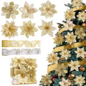 Sggvecsy 26 Pcs 6 Styles Christmas Glitter Poinsettia Flowers Artificial Christmas Tree Ornaments Flower Decorations with 16 Yards 2 Rolls Christmas Tree Ribbons Sticks for Xmas DIY Crafts Wreath (Gold)