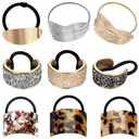 9 Pack Ponytail Hair Cuff Metal Rhinestone Decorative Fancy Ponytail Holder for Women Gold Elastic Glitter Hair Tie Wrap Cuff Tortoise Shell Ring Holder Mother's Day Gift(Charming Style)