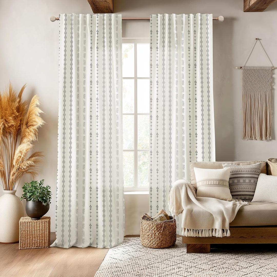 Semi Sheer Linen Curtains for Living Room 84 Inches Long, Black and Cream Colored Farmhouse Boho Window Curtains for Bedroom 