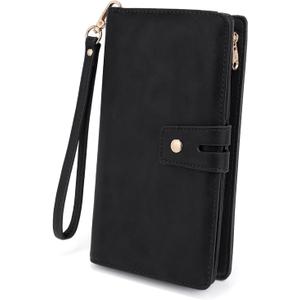 UTO Wristlet Wallet for Women Detachable Checkbook Holder Card Bill Phone Organizer Large Clutch Purse (1085 Black)