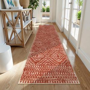 Wonnitar Moroccan 2'6"x8' Hallway Runner Rug, Washable Long Farmhouse Laundry Room Rug Runner, Non-Skid Boho Tribal Geometric Floor Carpet Runners for Kitchen Entrance Bathroom (Brown,2'6"x8')