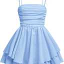 RoseSeek Girl's Flowy Cami Dress Ruched Sleeveless Pink Layered Ruffle Kawaii Short Smocked Summer Dresses (Light Blue, 8 Years)