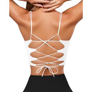 XUNYU Strappy Sports Bras for Women High Support Longline Workout Tops Built in Bra Cross Yoga Crop Tank Top Padded (White, M)
