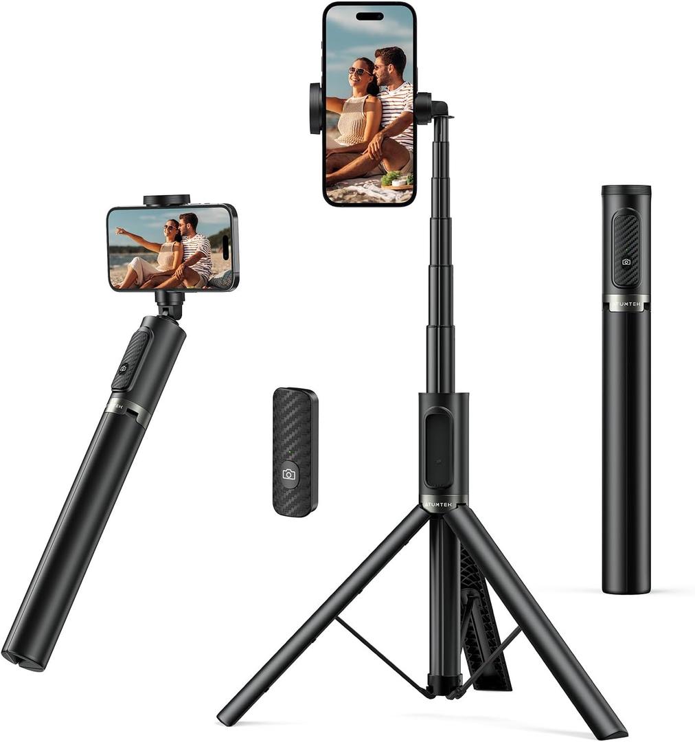 ATUMTEK Selfie Stick Tripod, All-in-one Extendable Aluminum Phone Tripod with Rechargeable Bluetooth Remote, 360 Rotatable for iPhone 17 16 Pro Max/15/14/13 Samsung Smartphones, Black