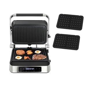 1600W Sandwich Panini Press with 4 Steak & Waffle Baking Trays, Electric Sandwich Panini Maker Grill with Touch Screen, Temperature Time Setting, 180 ° Opening, Nonstick Coating