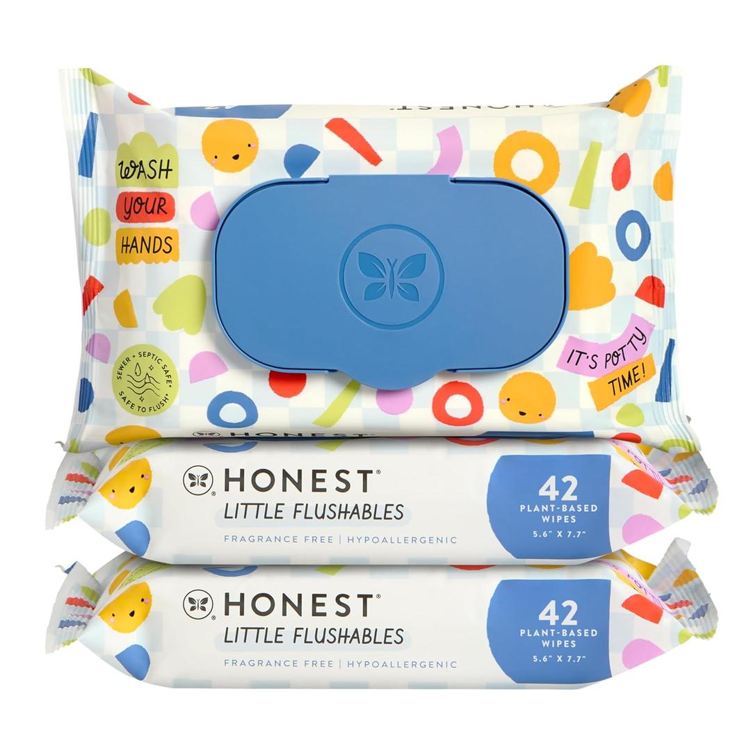 The Honest Company Plant-Based Toddler Flushable Wipes 99% Water Hypoallergenic EWG Verified for Potty Training Fragrance-Free and Safe to Flush 126 Count (42 Count (Pack of 3))