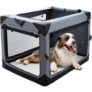 Pettycare 36 Inch Collapsible Crate for Large Dogs, 4-Door Foldable Soft Kennel with Chew Proof Mesh Windows for Indoor & Outdoor Travel (Grey)