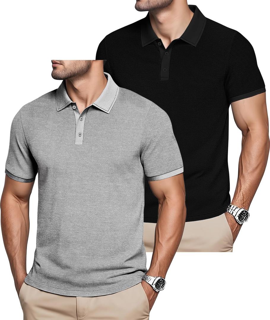 Mens Polo Shirts 2 Pack Breathable Short Sleeve Golf Shirt Casual Button Down Shirt Lightweight Collared Waffle Shirts (Gray, XXL)