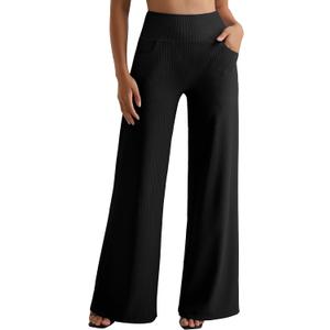 MOOSLOVER Women Wide Leg Yoga Pants with Pockets High Waisted Casual Lounge Pants Comfy Ribbed Loose Pants(S,Black-with Pockets) (Black, S)