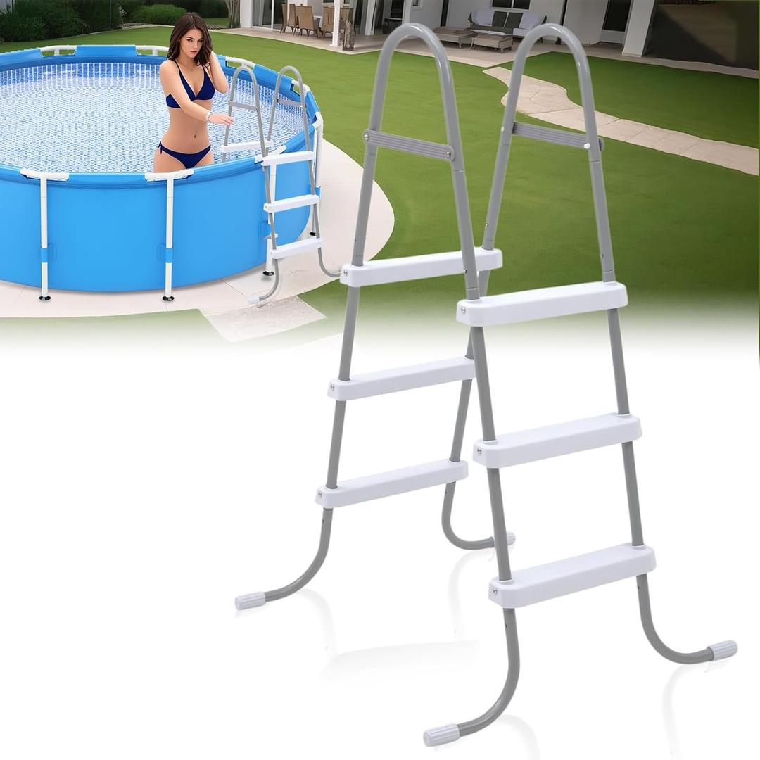 42 Inch Above Ground Pool Ladder 3 Steps Steel Frame Swimming Pool Entry Exit Ladder Non Slip Metal Frame Pool Steps, Weight Capacity 300lbs (Grey and White)